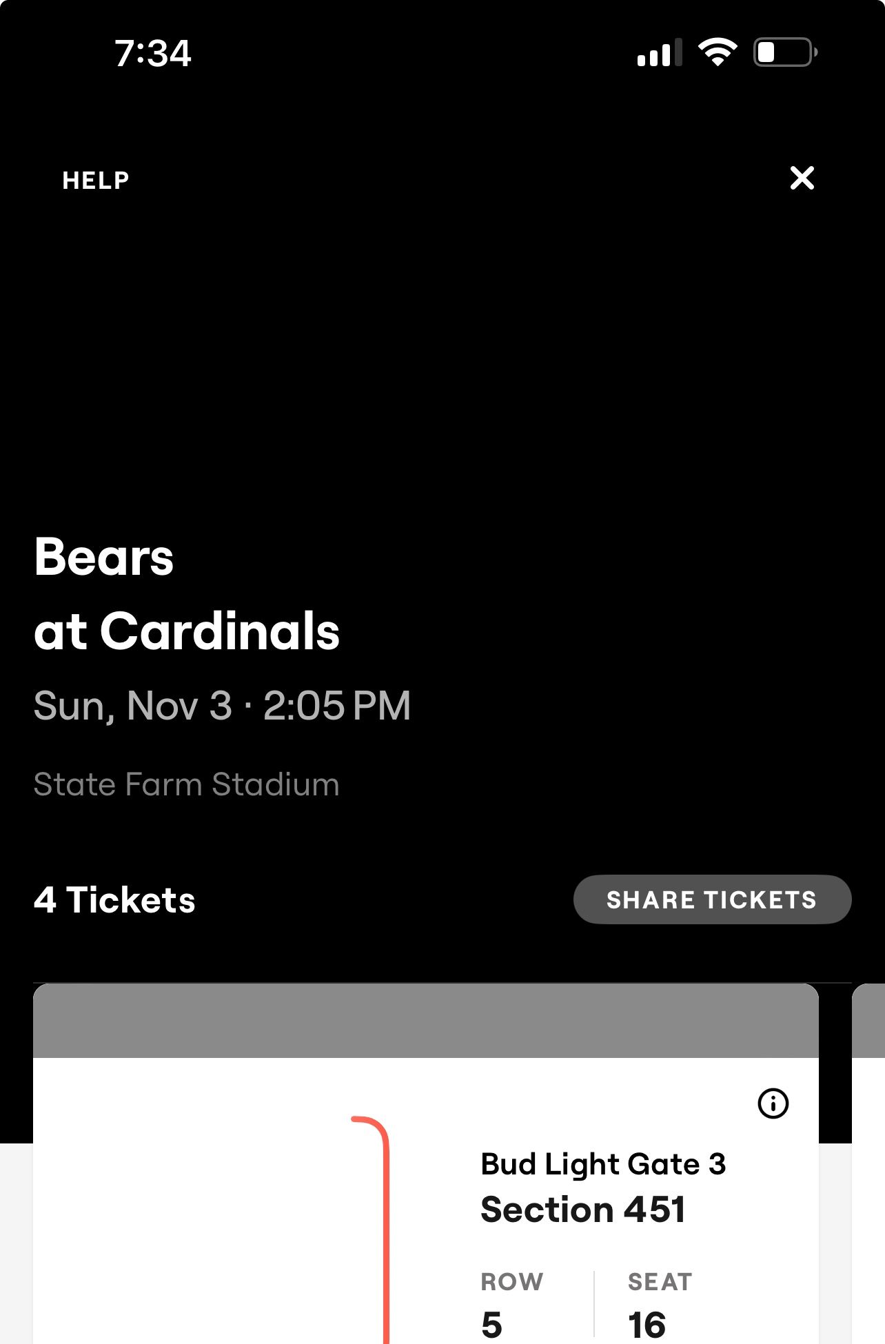 Cardinals Vs Bears. 4 Tickets Together W parking Pass