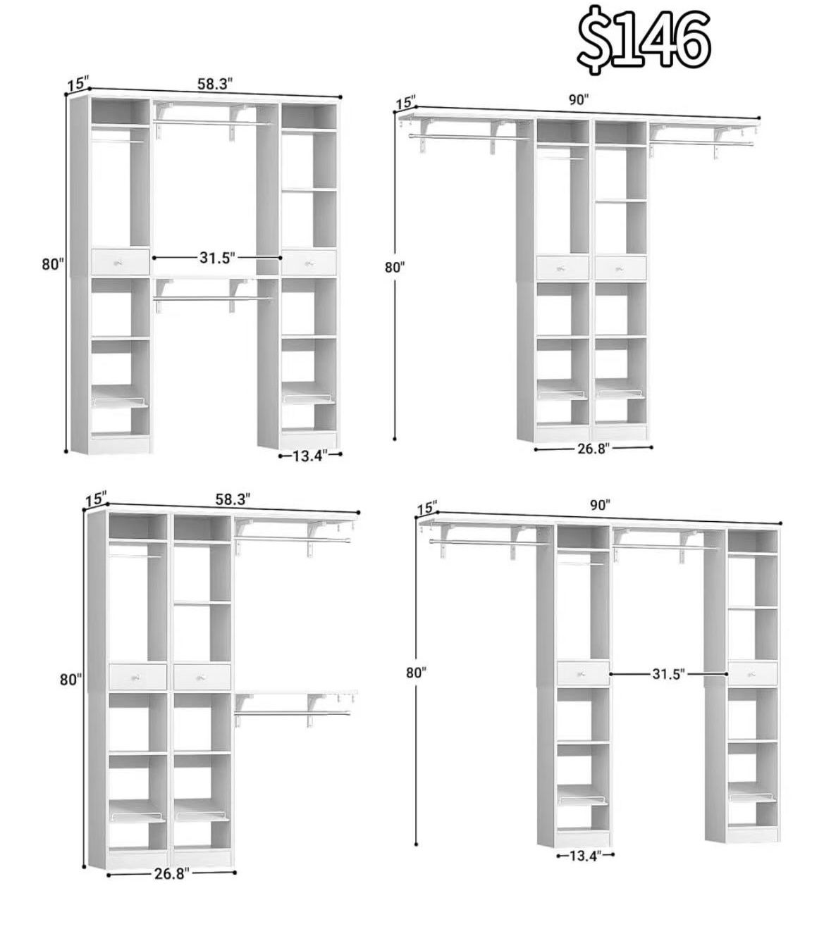 ✌️ Unikito 58" W - 90" W Closet System, Large Walk in Closet Organizer with 3 Hanging Rods and Shelves, Heavy Duty Wood Closets Wardrobe with 2 Drawer