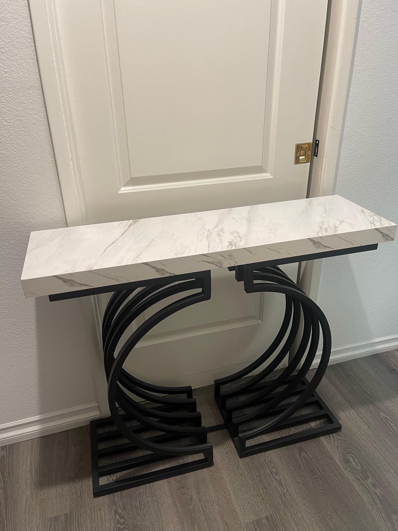 Modern Console Wood Table Marble Top + Black Metal Base