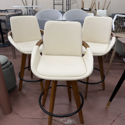 Set Of 3 Swivel 26 inch Walnut and Cream Faux Leather Counter Stool