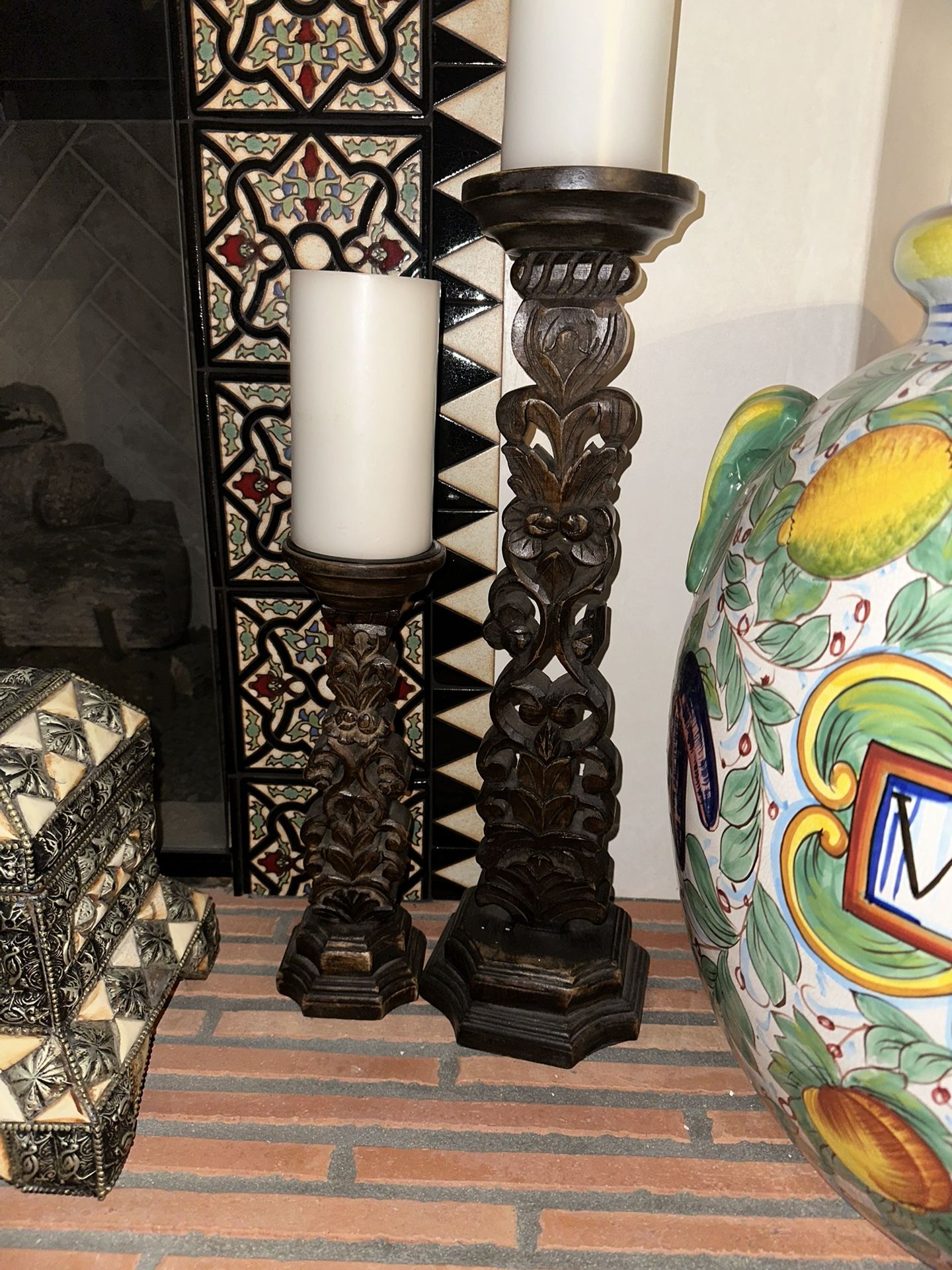 Two Antique Wood Candle Holders