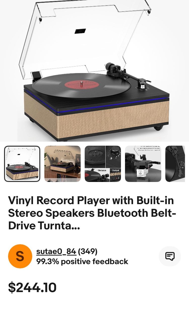 Vinyl Record Player with Built-in Stereo Speakers Bluetooth Belt-Drive Turnta...