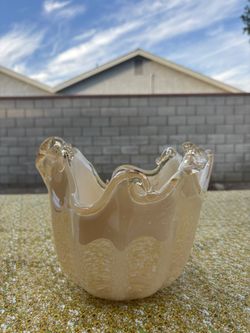 Vintage Murano Italian Handmade Heavy Art Glass Wave Edge Bowl Amber 7” Tall