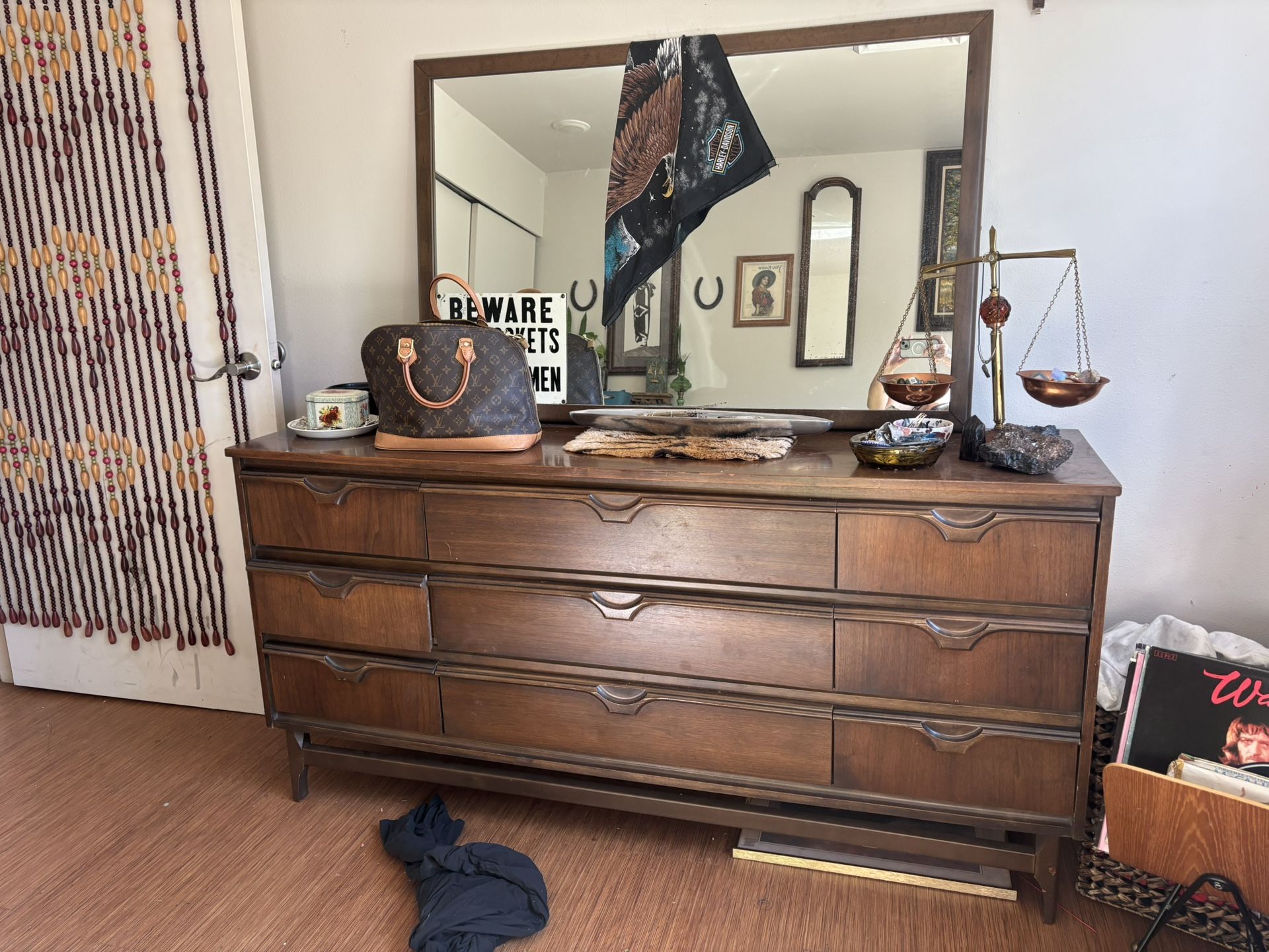 WALNUT MCM CHEST OF DRAWERS WITH MIRROR AND DRESSER SET