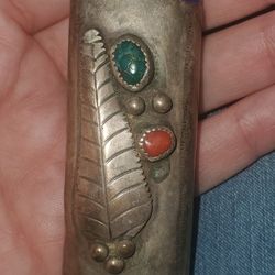 Vintage Lighter Case Sterling Silver Turquoise Coral