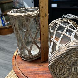 Rattan Wicker Brown Hanging Candle Holder Glass Insert 