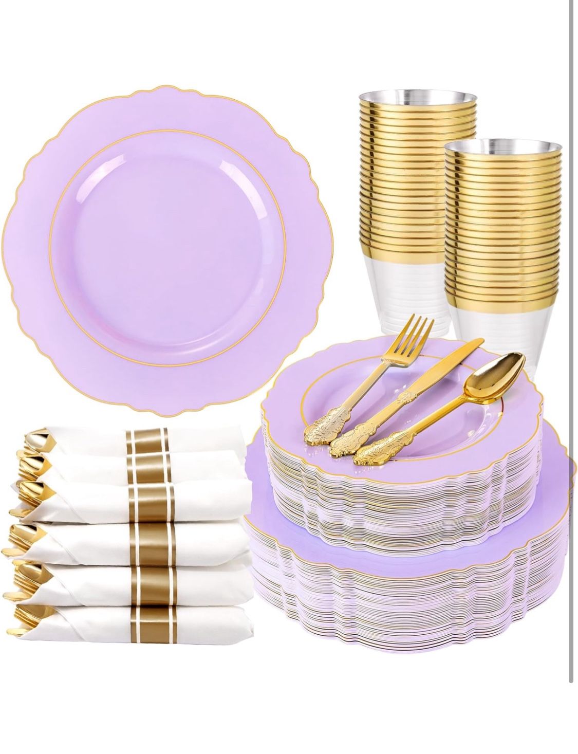 350PCS Purple Plastic Plates - Disposable Light Purple and Gold Plates 50guest Baroque Plastic Dinnerware include 100Plates, 50Pack Pre Rolled Napkins