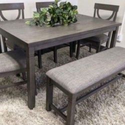 ✅️✅️(6 pc  Grey finish wood dining table set grey padded seat chairs and bench✅️✅️✅️