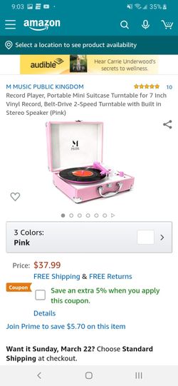 Record Player, Portable Mini Suitcase Turntable for 7 Inch Vinyl Record, Belt-Drive 2-Speed Turntable with Built in Stereo Speaker (Pink)