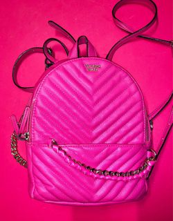 Victoria's Secret Rare Quilted Hot Pink Mini Backpack Logo Golden Chain Zipper Travel
