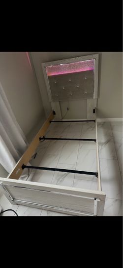 White Bed Frame with LED Tufted Headboard