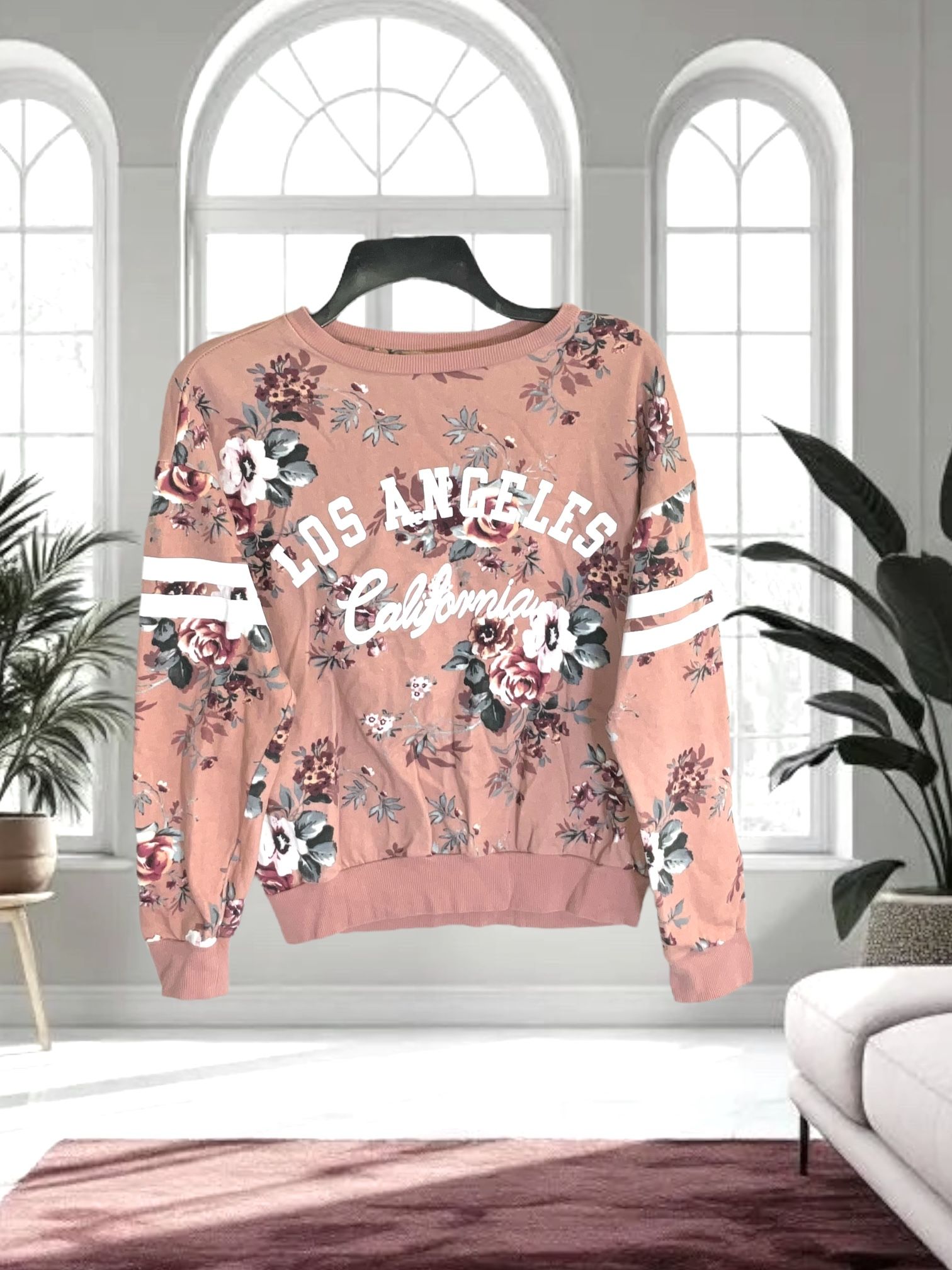 Iris Tan Pink/Salmon Floral Los Angeles California Sweatshirt Women Large