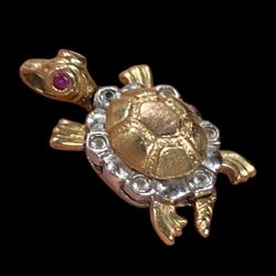 Whimsical (Head & Tail Motion) 14k Yellow and White Gold Yellow Enamel Ruby Red and White Stone Turtle Pendant Charm 