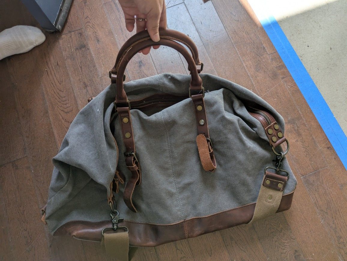 Large Grey And Leather Weekender Bag