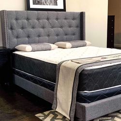 Brand New King Size Grey Tuffed Linen Bed Frame With New Mattress/Fast Delivery