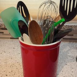 Red Ceramic Utensil Container