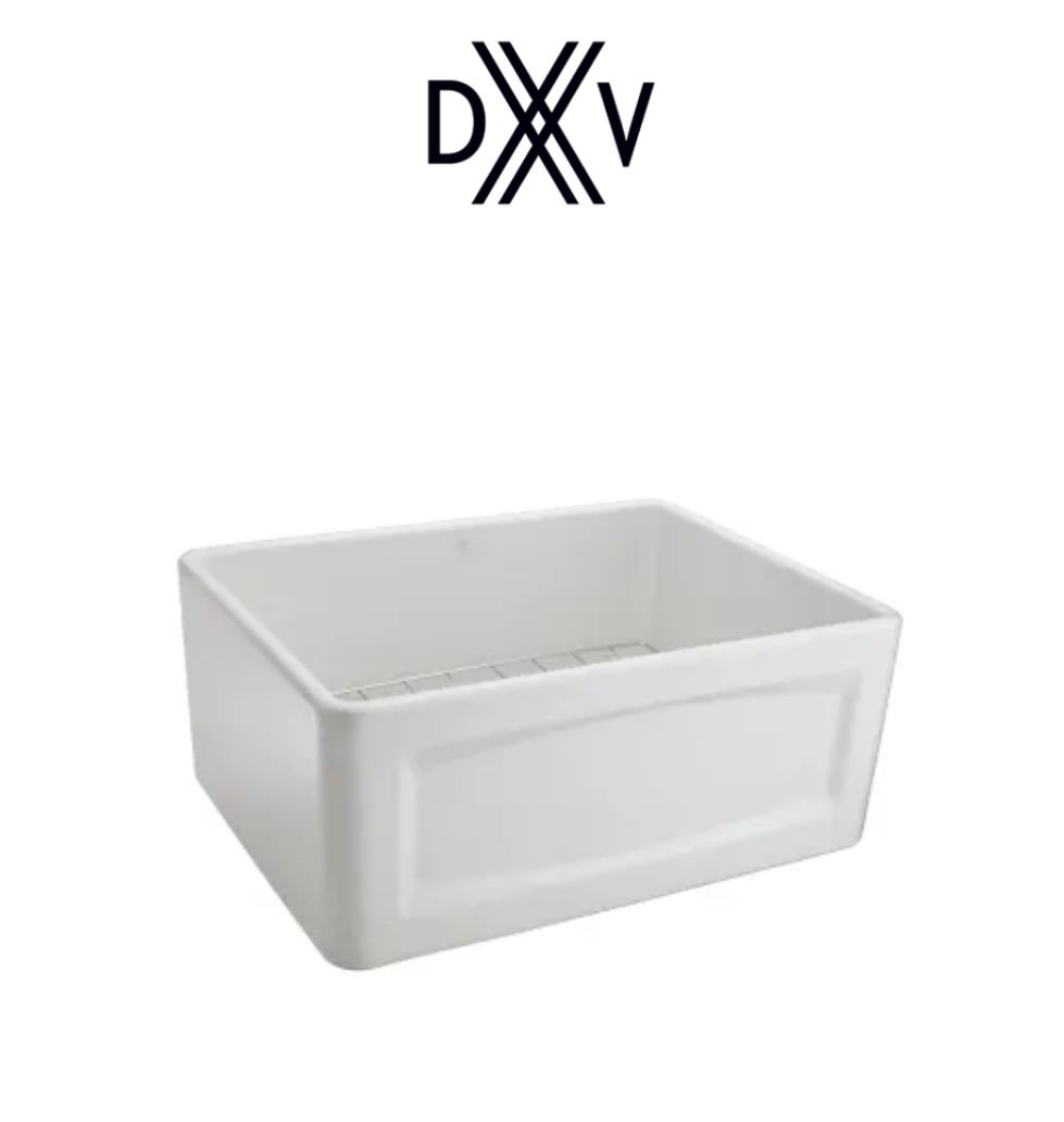 DXV Hillside 24" Farmhouse Single Basin Fireclay Kitchen Sink with Basin Rack and Basket Strainer