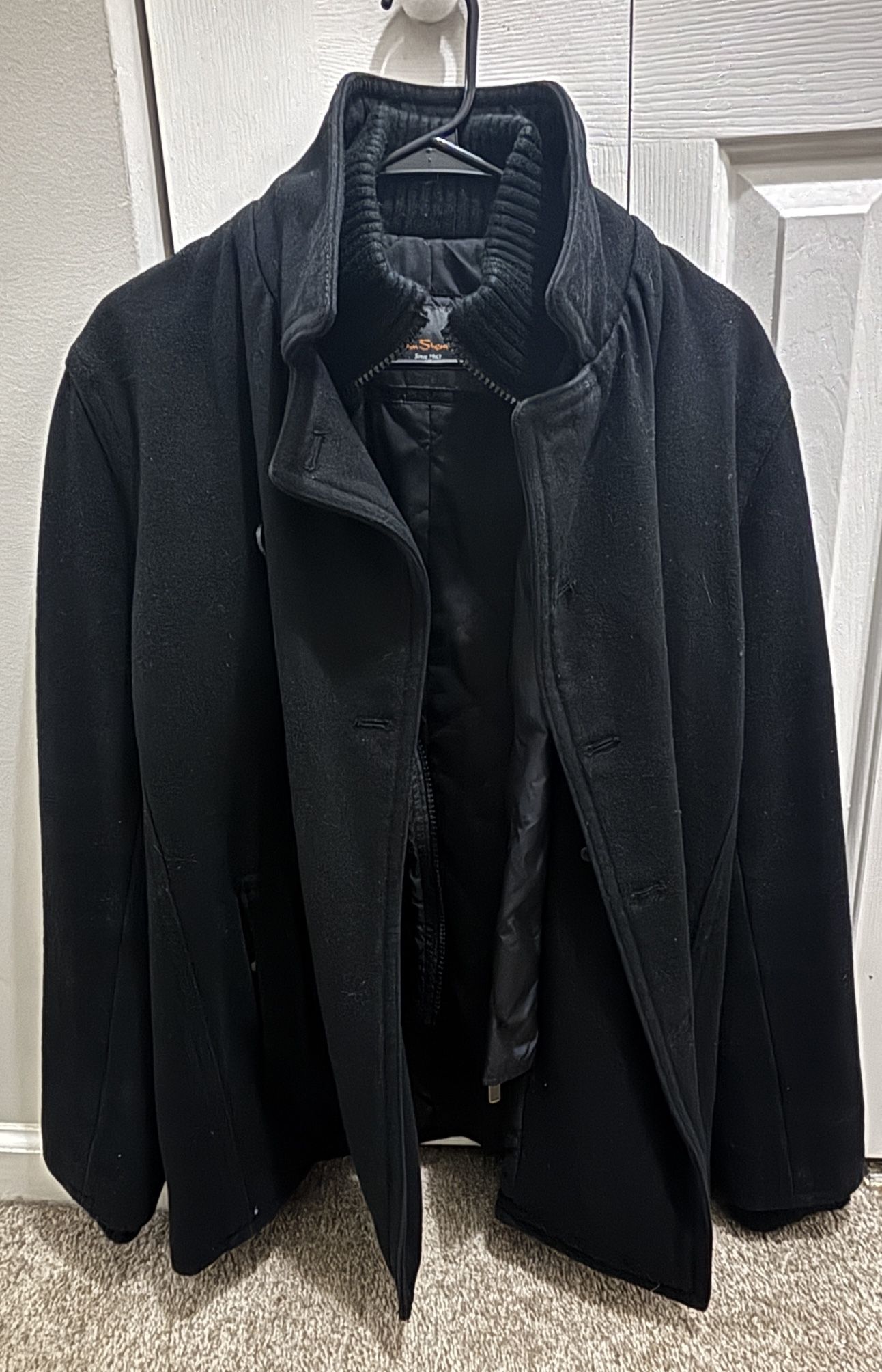 Ben Sherman Black Wool Coat Funnel Neck Ribbed Bib Black Size Medium Zip