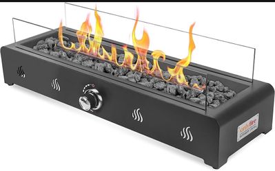 28'' Tabletop Fire Pit Table, Propane Fire Pit with Bottom Air Intake, Glass Wind Guard and Fire Glass, Outdoor Rectangular Smokeless Fire Table