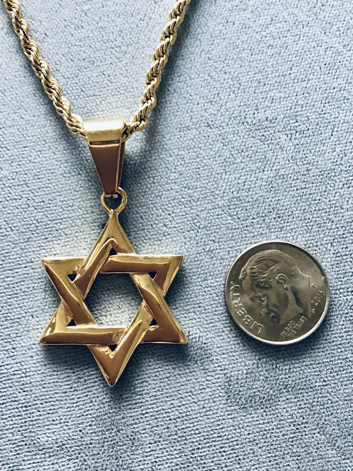 Gold on Stainless Steel Jewish Star of David On Rope Chain *Pickup Boca Raton Or Ship Nationwide