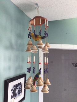 Large Hanging Chime With Beads, Bells & Birds Made Of Ceramic 24” Tall