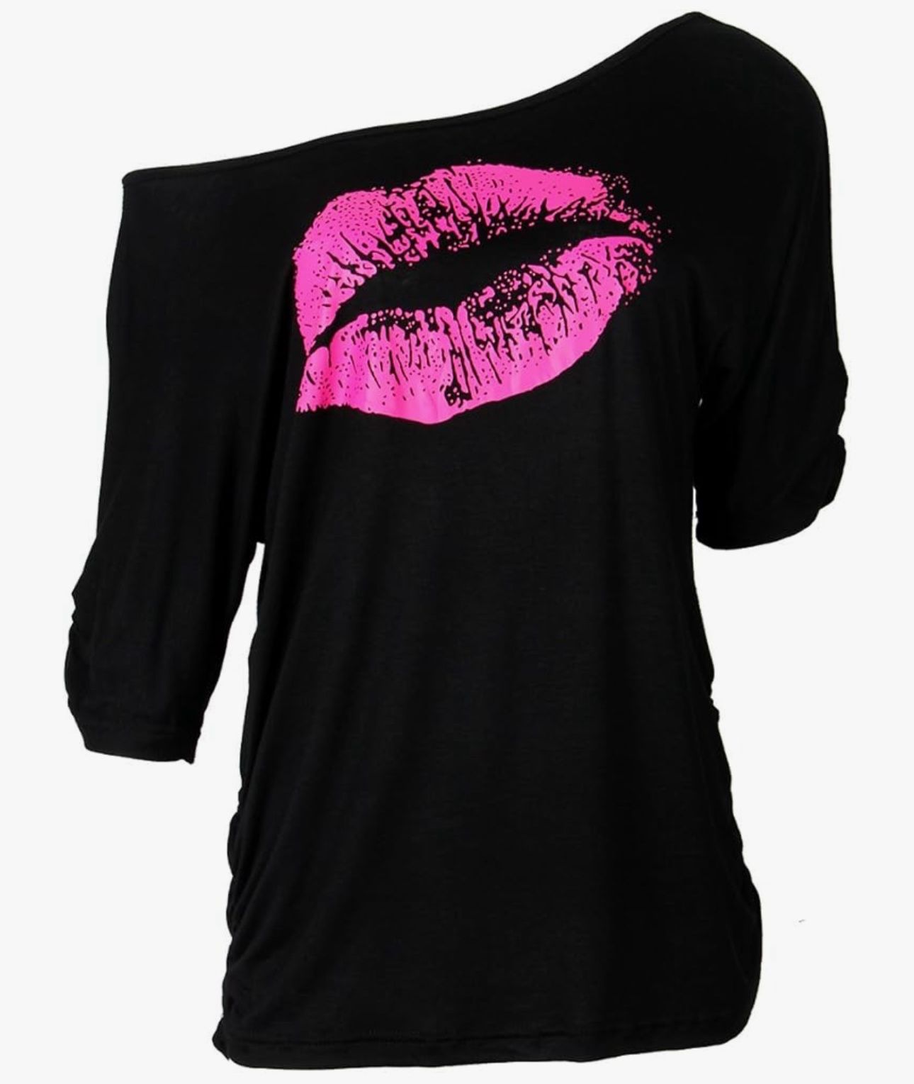 Smile Fish Women Casual Oversized Sexy Lips Print Off Shoulder T-Shirt small