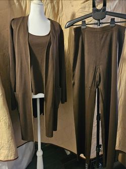 Plein Air Women’s 3 Piece Brown Knit Set L/M Cardigan Tank Pants 30” Inseam