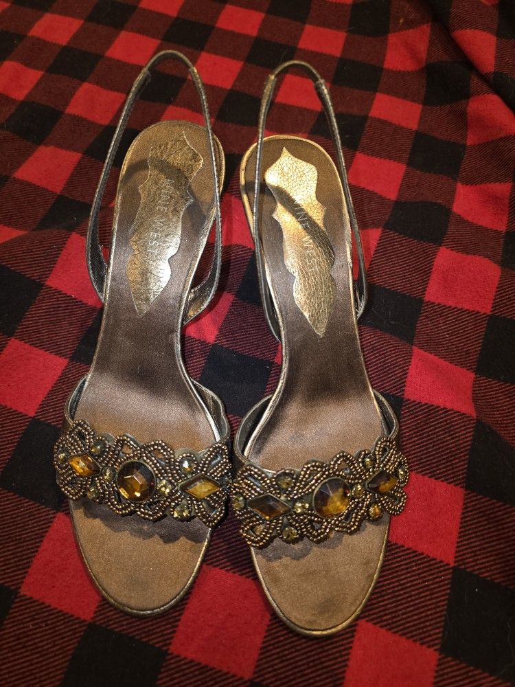 NINE WEST Sz. 8 Heels Copper Leather with beading