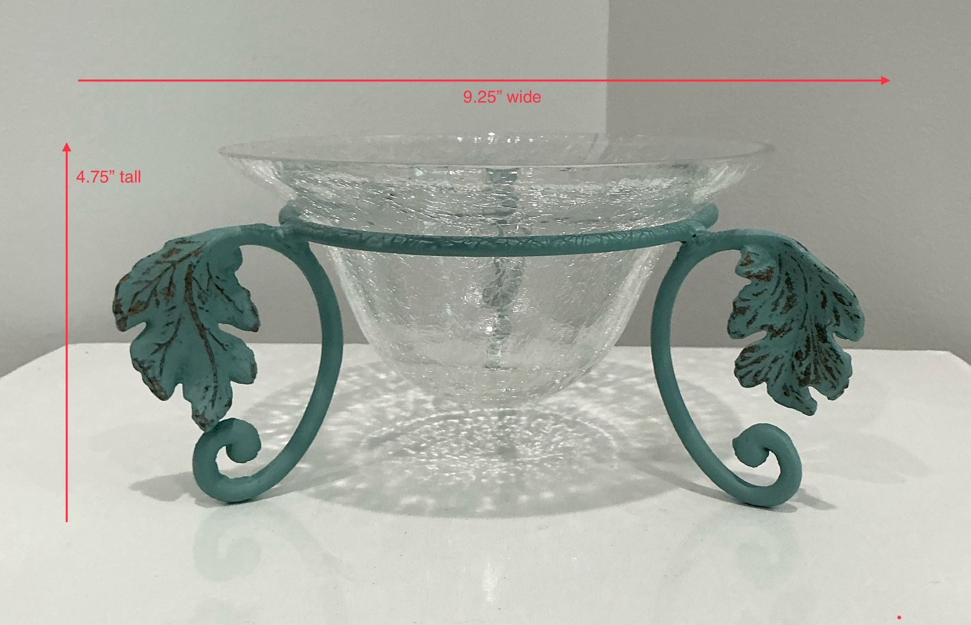 Painted & Distressed Coastal Sage Thick Metal Stand with Leaf Accents & Elegant Crackled Glass Bowl