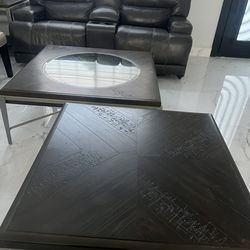 Real Leather Recliner, two piece Sofa, and, one coffee table, 2 side tables