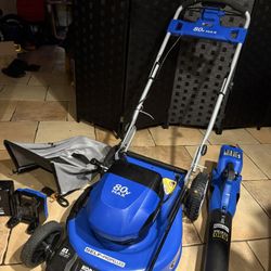 Kobalt brushless, 80 V max lawnmower and leaf blower with battery and charger all brand new unused