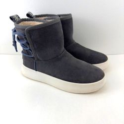 UGG Classic Boom Shearling Gray Suede Ankle Boots with White Thick Soles 7