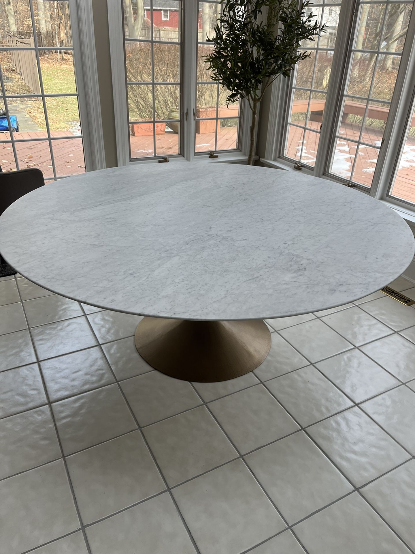 Restoration Hardware RH Aero 72 inch Round Marble Dining Table / Burnished Brass