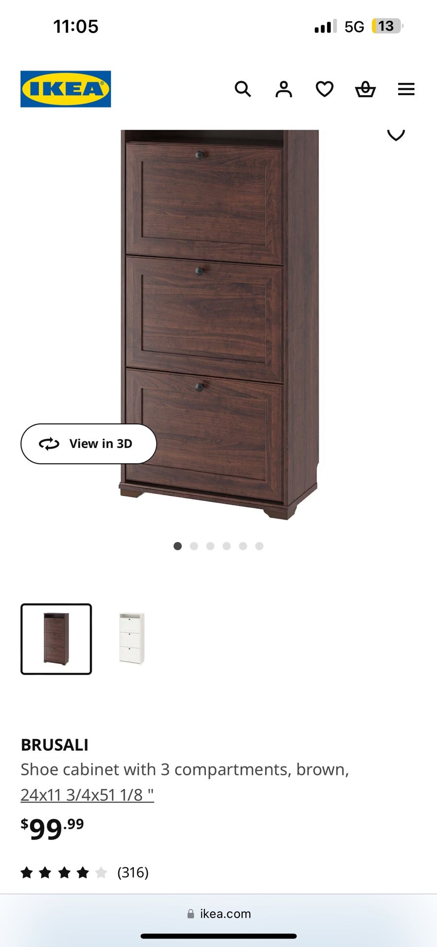 Ikea BRUSALI Shoe cabinet with 3 compartments, brown, 24x11 3/4x51 1/8 "
