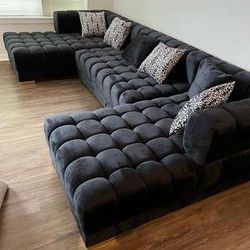 Lipa Black Velvet Double Chaise "U" Shape Sectional Sofa🎉 Brand New 🎉Delivery🎉 Financing 🎉 Online Shopping 