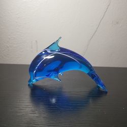Pre Owned Art Glass Dolphin Paperweight Blue White Hand Made 5"