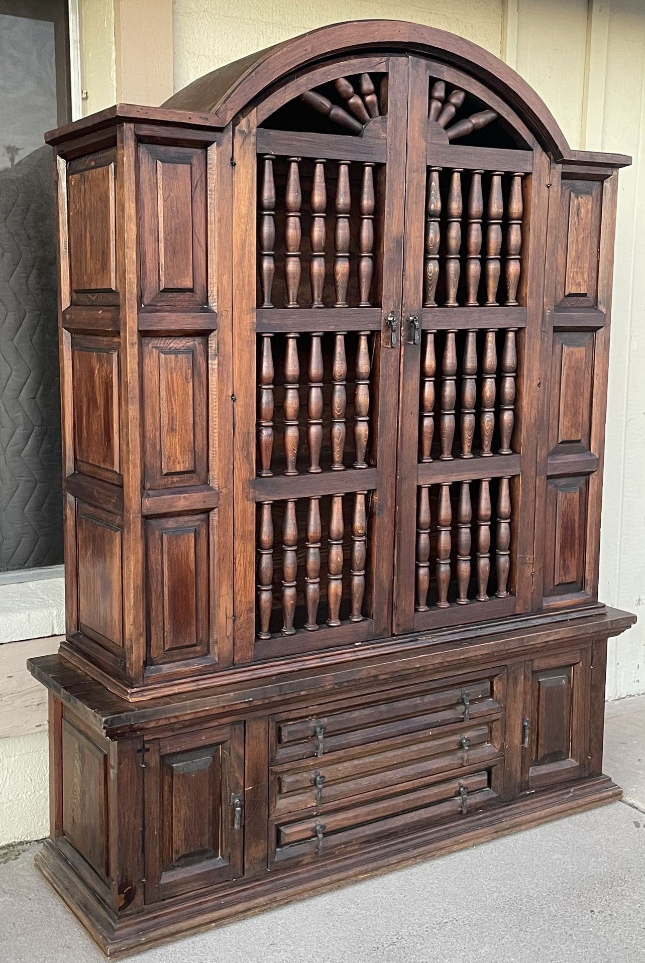 Gorgeous Vintage 76” Spanish Colonial Rustic Dark Pine Wood Cabinet Hutch Bookcase