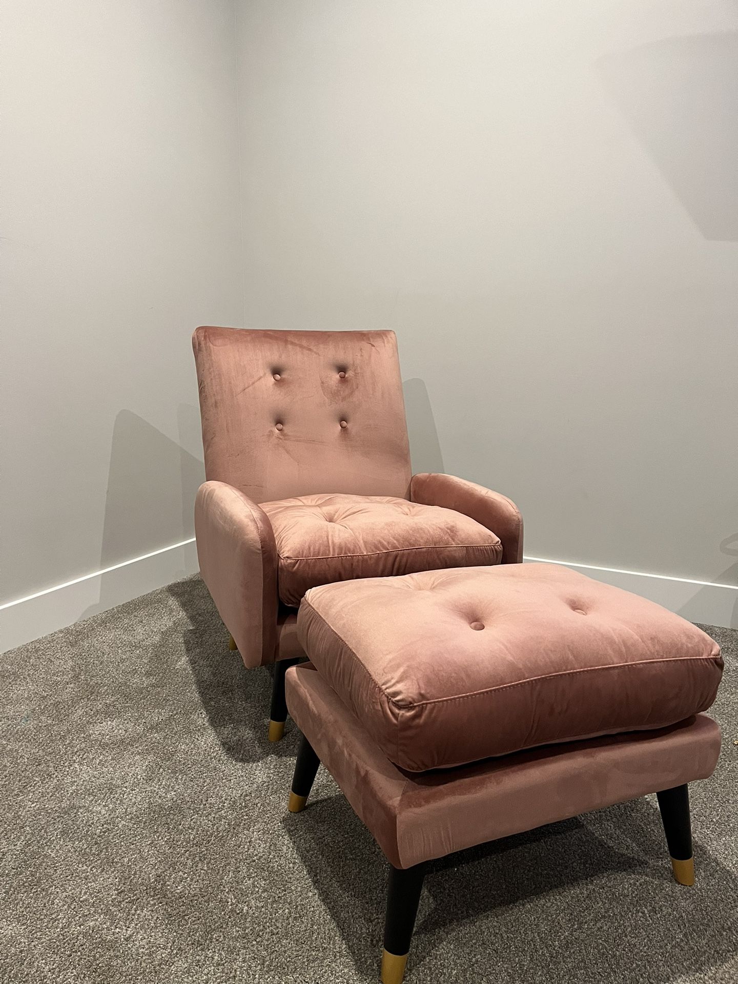 Pink Velvet Upholstered Chaise Lounge Chair W/ Ottoman & Adjustable Back - NEW - RETAILS FOR $1249