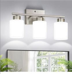 4621: New Brushed Nickel Bathroom Light Fixtures with Milk Glass Shades, Eye-Friendly 3 Light Vanity Lights for Bathroom, Vanity Lights with E26 Socke