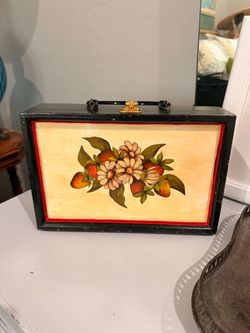Vintage Wooden Box Purse with Floral Art