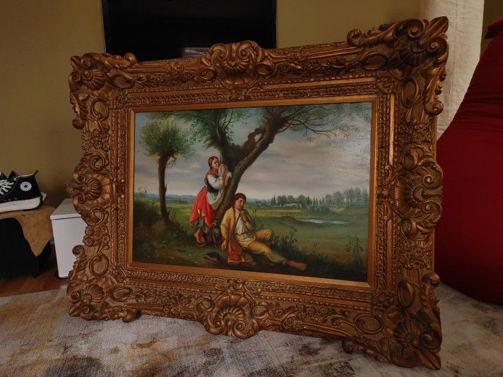 19th century Oil On Canvas Painting Couple in Spring Landscape Huge