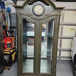 Antique Lighted Cabinet With Clock