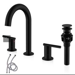 New KENES Matte Black Two Handle 8 Inch Widespread Bathroom Faucet, Black Bathroom Sink Faucet 3 Hole Lavatory Vanity Faucet with Pop Up Drain & Suppl