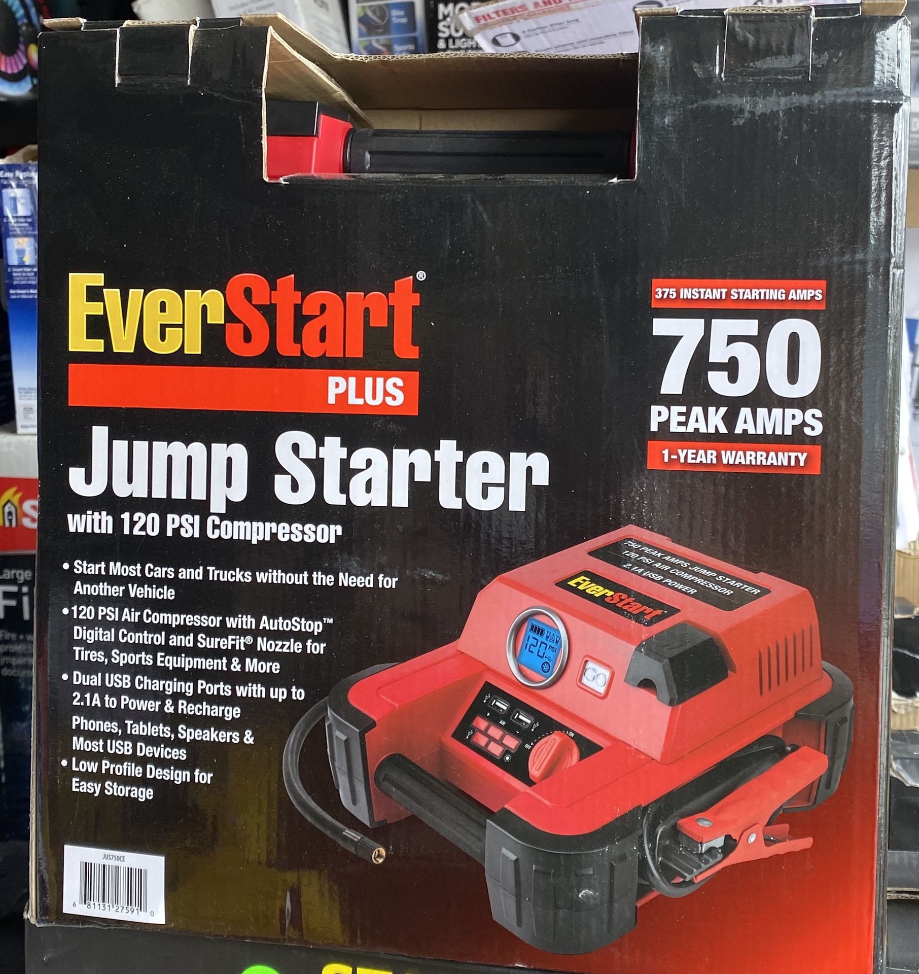 The EverStart 750 Peak Amp Jump Starter with Compressor features 375