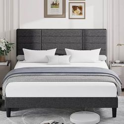 New Dark Grey Queen Size Fabric Upholstered  Bed Frame