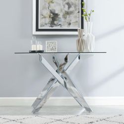 Modern Style Console Table Narrow Sofa Table with Tempered Glass Top and Metal Tubular Legs, 45" Lx18 Wx30 H, Silver