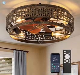 18 in. Indoor Caged Ceiling Fan with Light, Low Profile Flush Mount Ceiling Fan with Remote Control-