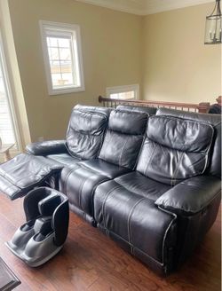 Black Leather Reclining Sofa with White Stitching