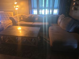 Light Gray Fabric Sofa and Loveseat wraparound with Rustic wood coffee table