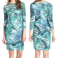 Karen Kane Nature Study Green Palmila Stretch Dress Size Large
